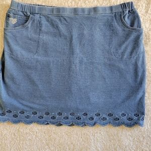 Quacker Factory Denim-Blue Knit Mini Skirt with Scalloped Eyelet Hem